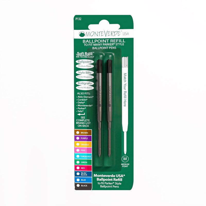 Monteverde Ballpoint Refill to Fit Parker Ballpoint Pens, Medium Point, Soft Roll, Black, 2 per Pack (P132BK) - Image 1